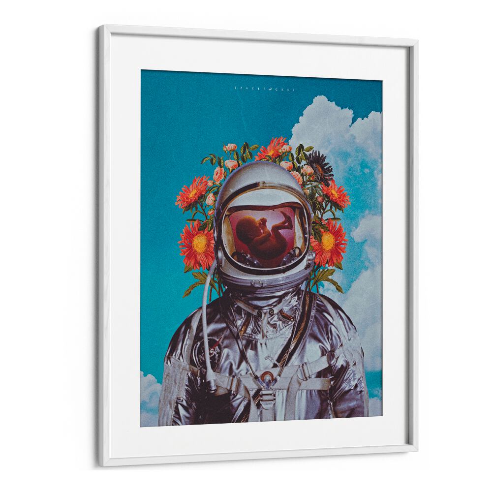 Astronaut Baby By Space Rocket Art Surreal Paintings, Surreal Art in White Frame With Mount