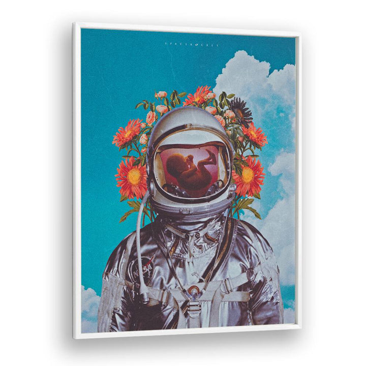 Astronaut Baby By Space Rocket Art Surreal Paintings, Surreal Art in White Plain Frame