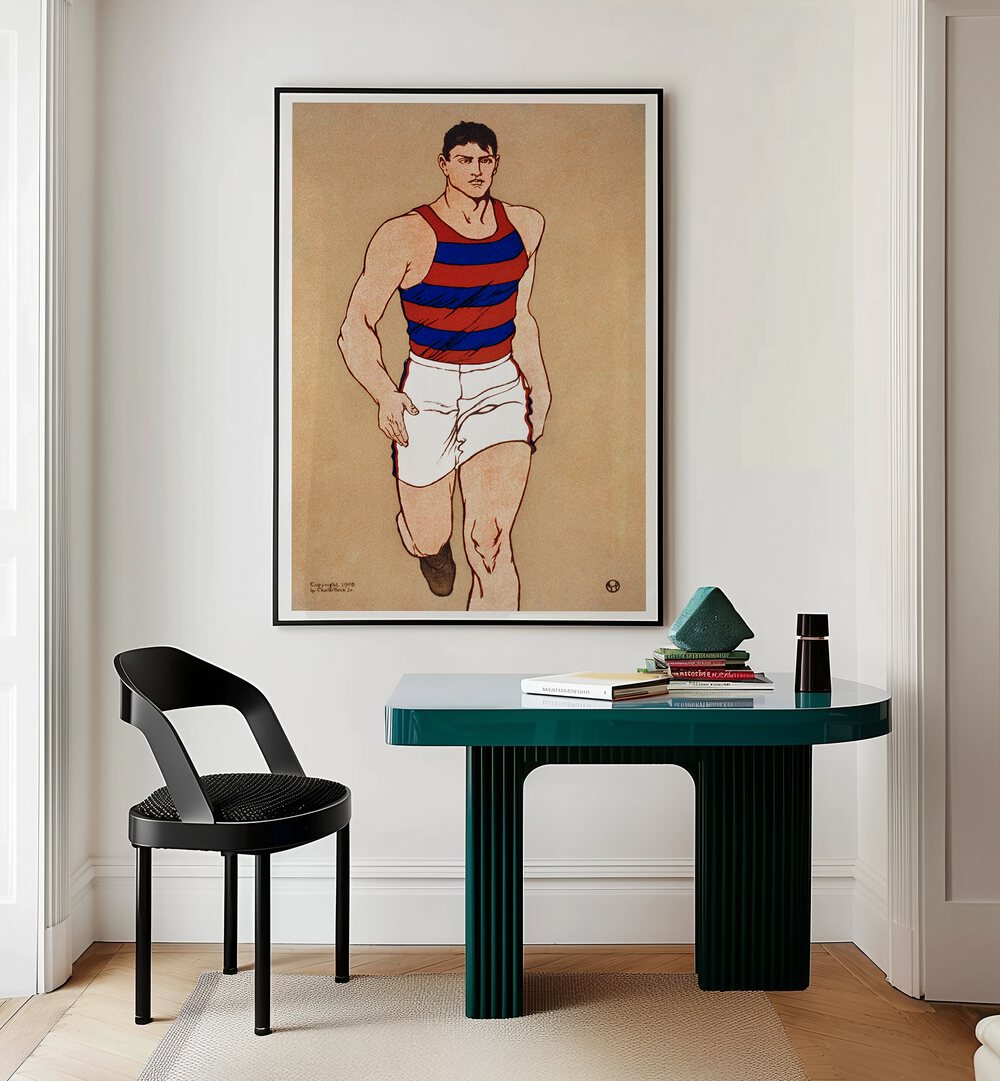 Athlete Ca. 1908 Vintage Paintings in Black Plain Frame placed on the wall behind a study table