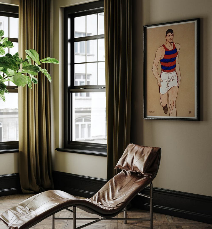 Athlete Ca. 1908 Vintage Paintings in Black Plain Frame placed on a living room wall behind a chair and beside a window