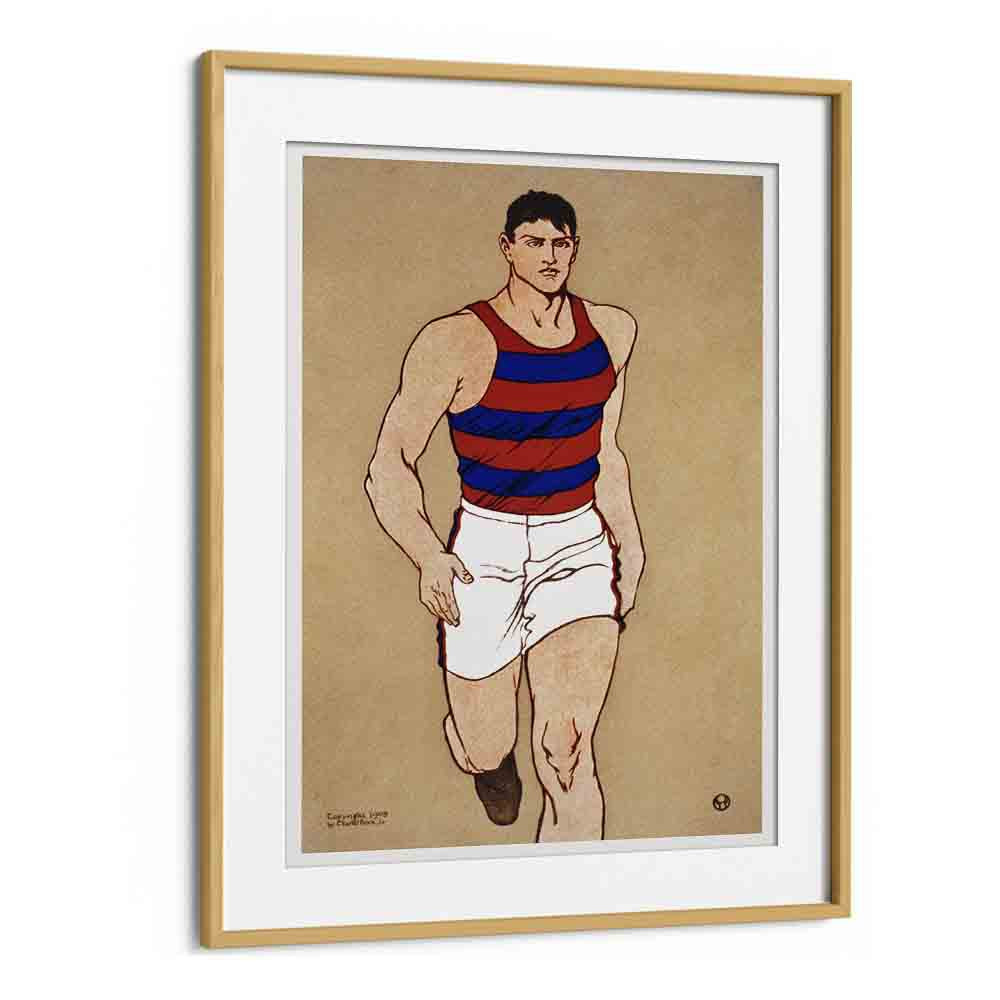 Athlete Ca. 1908 Vintage Paintings in Oak Wood Frame With Mount