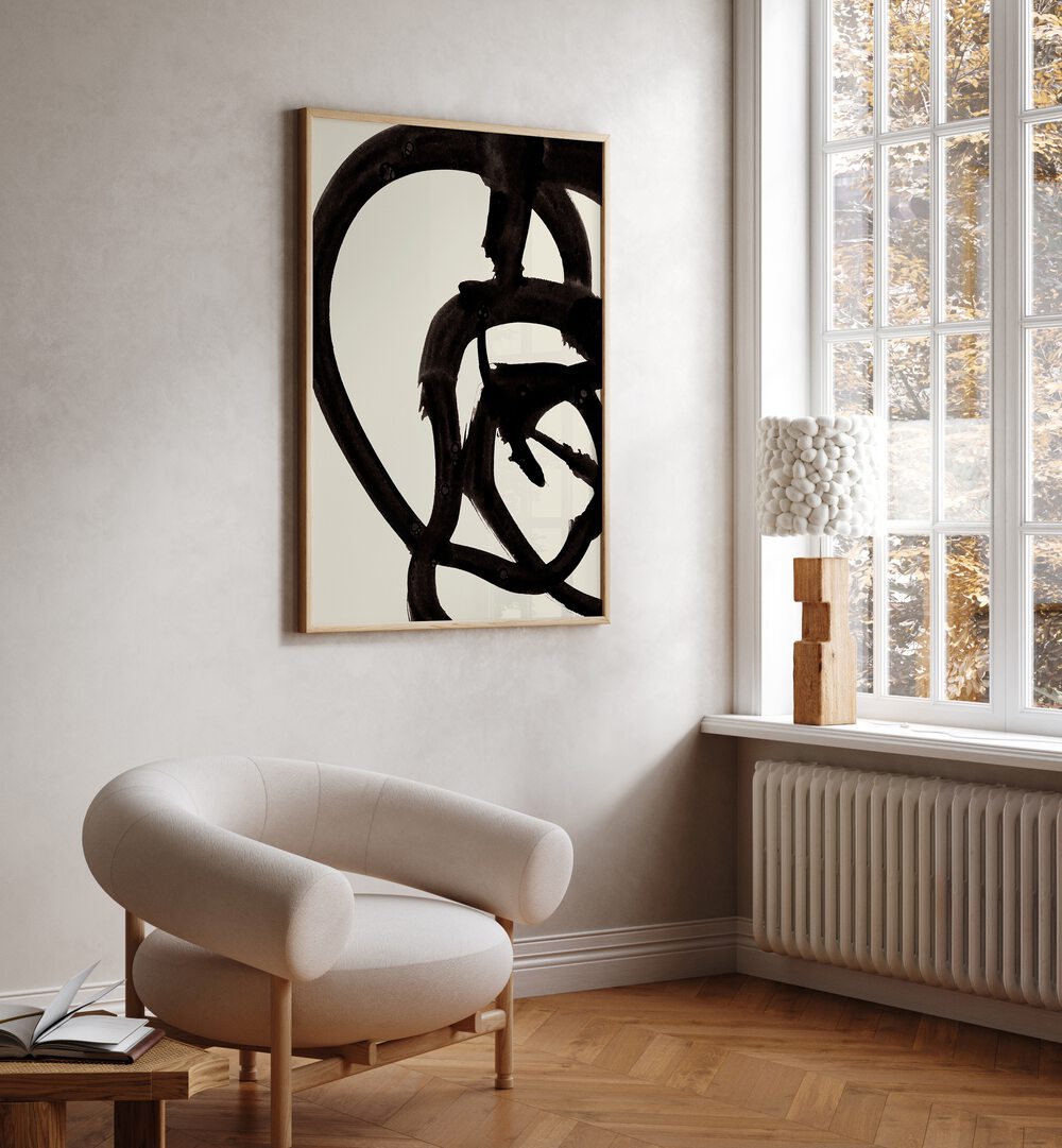 Atienne I By Dan Hobday Abstract Art Abstract Paintings in Oak Wood Plain Frame placed on a Cream Colored Wall in the Drawing Room