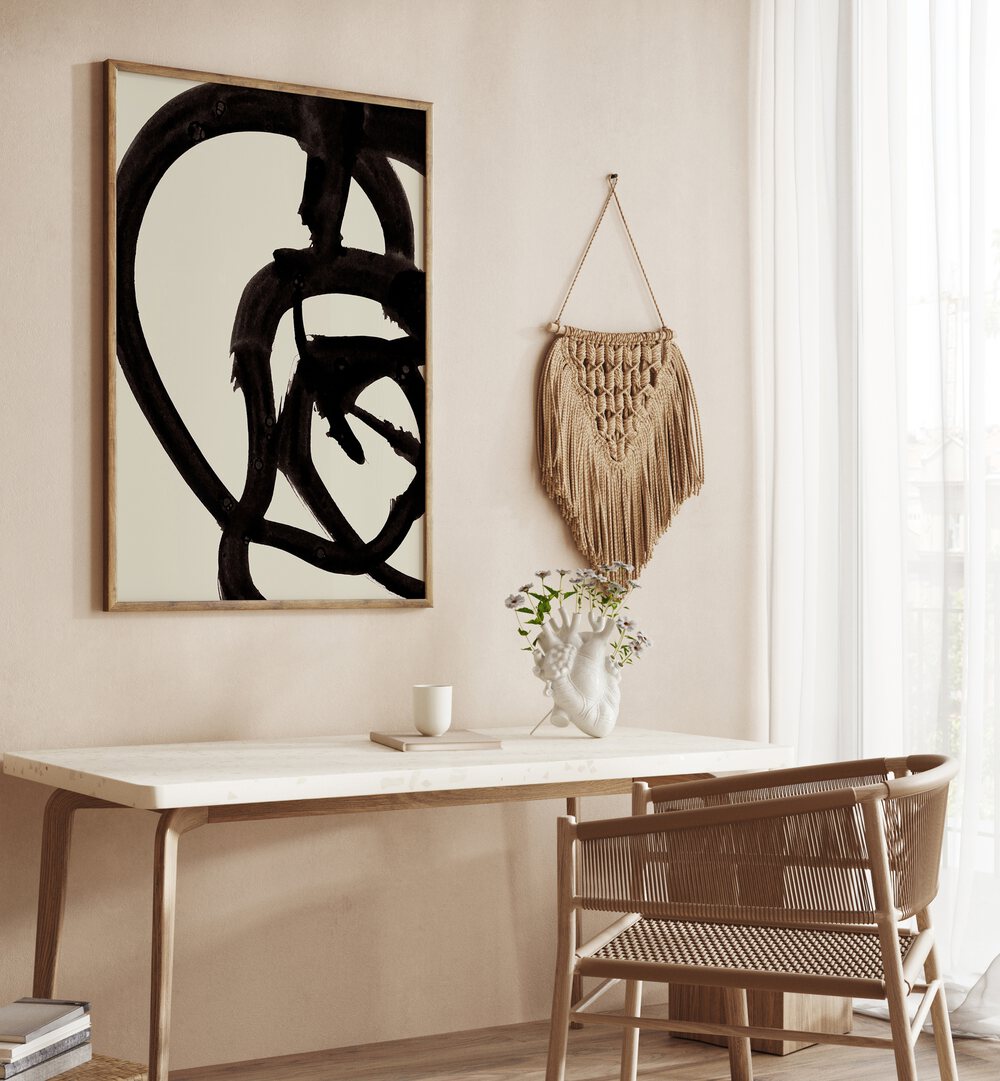 Atienne I By Dan Hobday Abstract Art Abstract Paintings in Oak Wood Plain Frame placed on a Cream Colored Wall above a Table in the Drawing Room