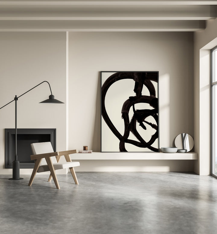 Atienne I By Dan Hobday Abstract Art Abstract Paintings in Black Plain Frame placed on a Shelf near a Cream Colored Wall in the Drawing Room