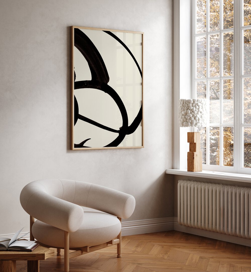 Atienne II By Dan Hobday Abstract Art Abstract Paintings in Oak Wood Plain Frame placed on a Cream Colored Wall in the Drawing Room