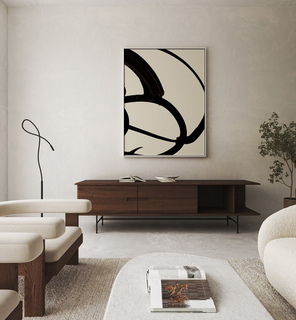 Atienne II By Dan Hobday Abstract Art Abstract Paintings in White Floater Frame placed on a Beige Colored Wall above a Console Table in the Living Room