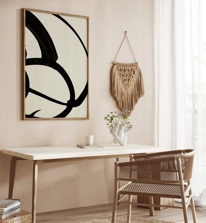 Atienne II By Dan Hobday Abstract Art Abstract Paintings in Oak Wood Plain Frame placed on a Cream Colored Wall above a Table in the Drawing Room