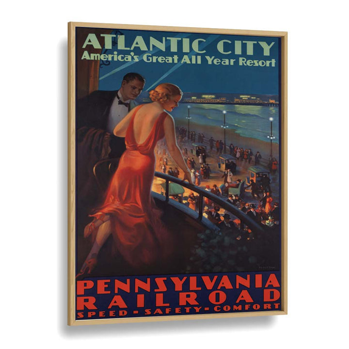 Atlantic City  Retro Travel Posters in Oak Wood Plain Frame