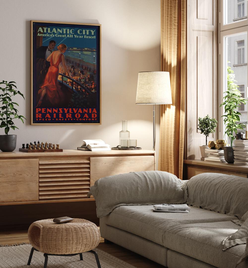 Atlantic City  Retro Travel Posters in Oak Wood Plain Frame placed on a wall behind a console table