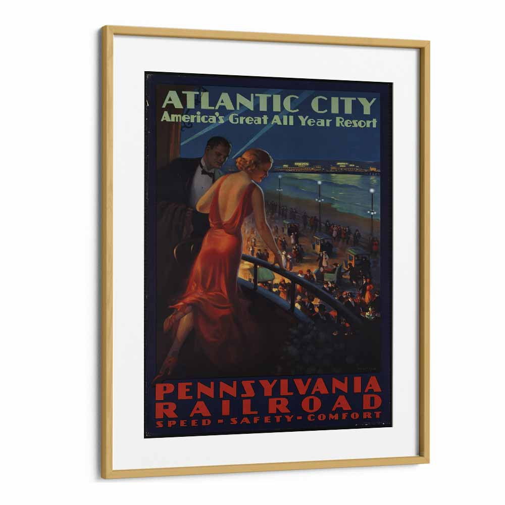 Atlantic City  Retro Travel Posters in Oak Wood Frame With Mount