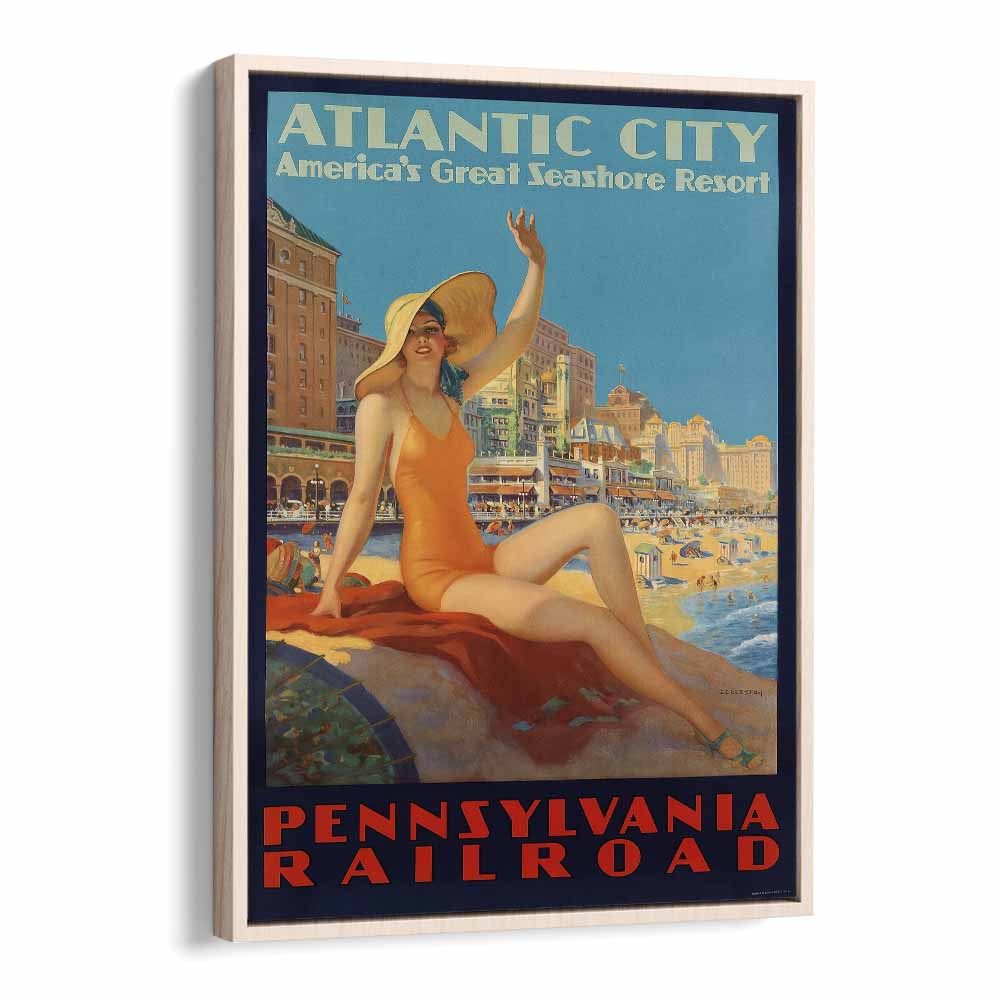 Atlantic City-pennsylvania Railroad  Retro Travel Posters in Oak Wood Floater Frame