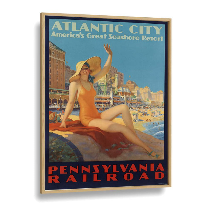 Atlantic City-pennsylvania Railroad  Retro Travel Posters in Oak Wood Plain Frame