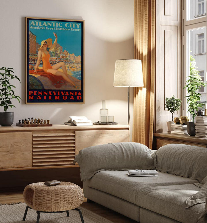 Atlantic City-pennsylvania Railroad  Retro Travel Posters in Oak Wood Plain Frame placed on a wall behind a console table