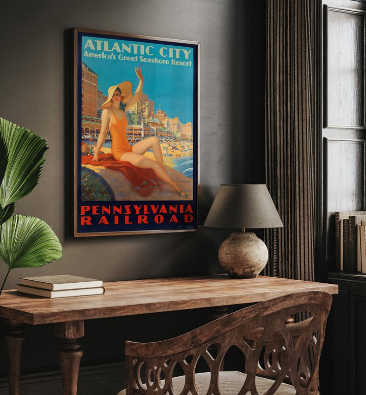 Atlantic City-pennsylvania Railroad  Retro Travel Posters in Dark Wood Plain Frame placed on a wall behind a study table