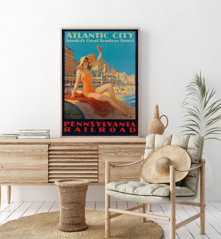 Atlantic City-pennsylvania Railroad  Retro Travel Posters in Oak Wood Plain Frame placed on a console table behind a sofa