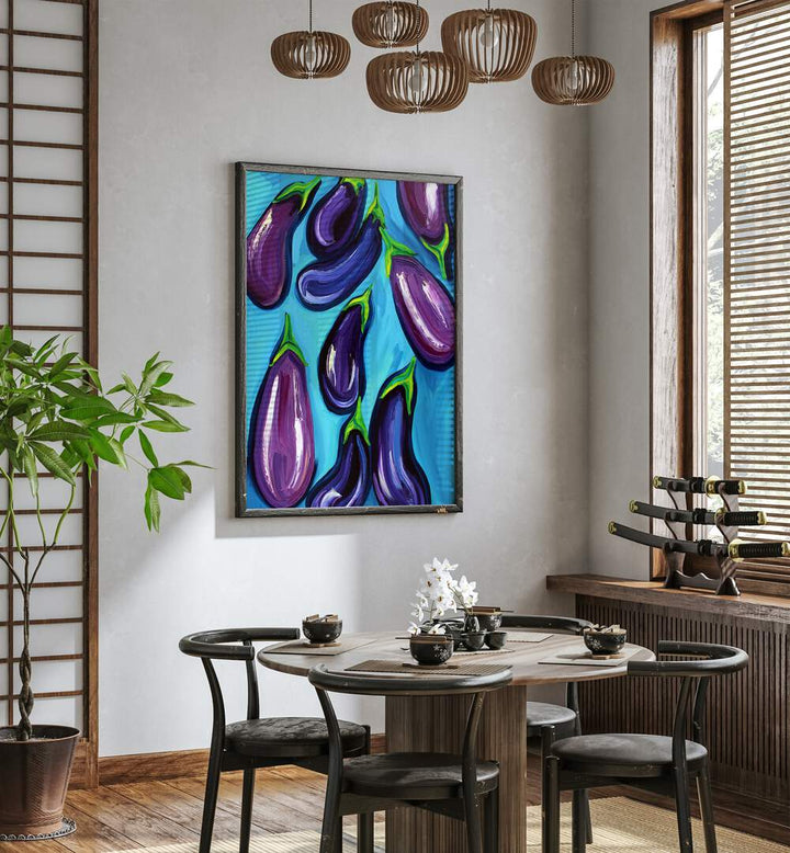 Aubergines Rain by Alice Straker Kitchen Posters Kitchen Art Prints in Black Plain Frame placed on a wall in a dining room area beside a window and behind a dining table