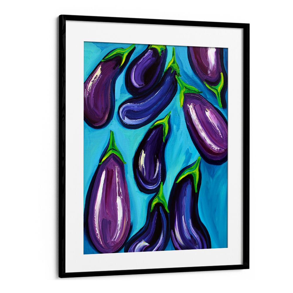 Aubergines Rain by Alice Straker Kitchen Posters Kitchen Art Prints in Black Frame With Mount