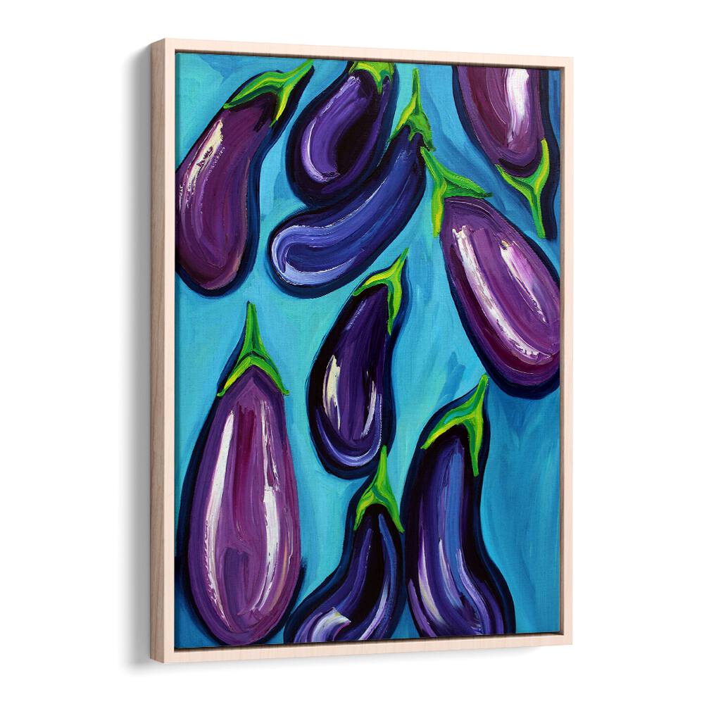 Aubergines Rain by Alice Straker Kitchen Posters Kitchen Art Prints in Oak Wood Floater Frame