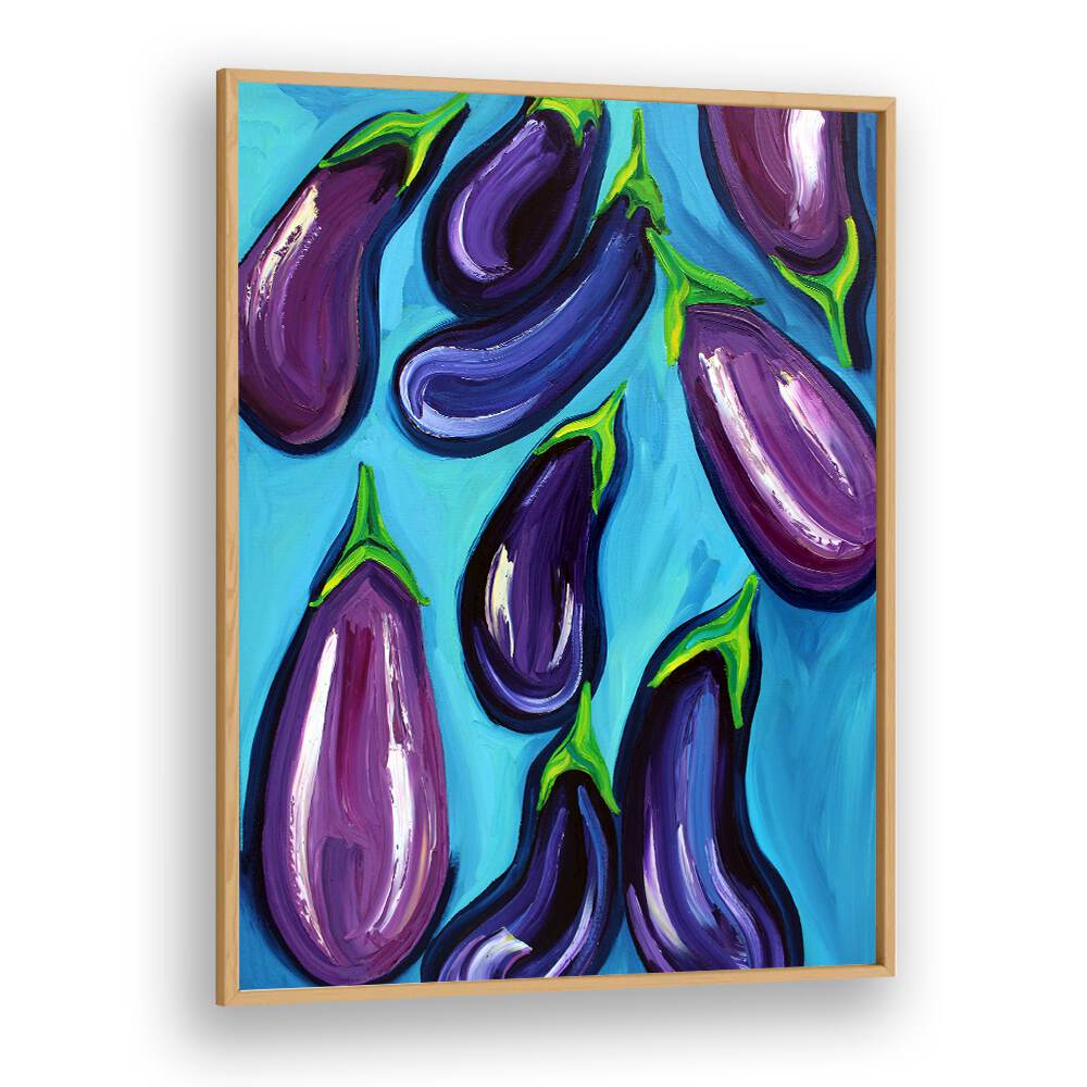 Aubergines Rain by Alice Straker Kitchen Posters Kitchen Art Prints in Oak Wood Plain Frame