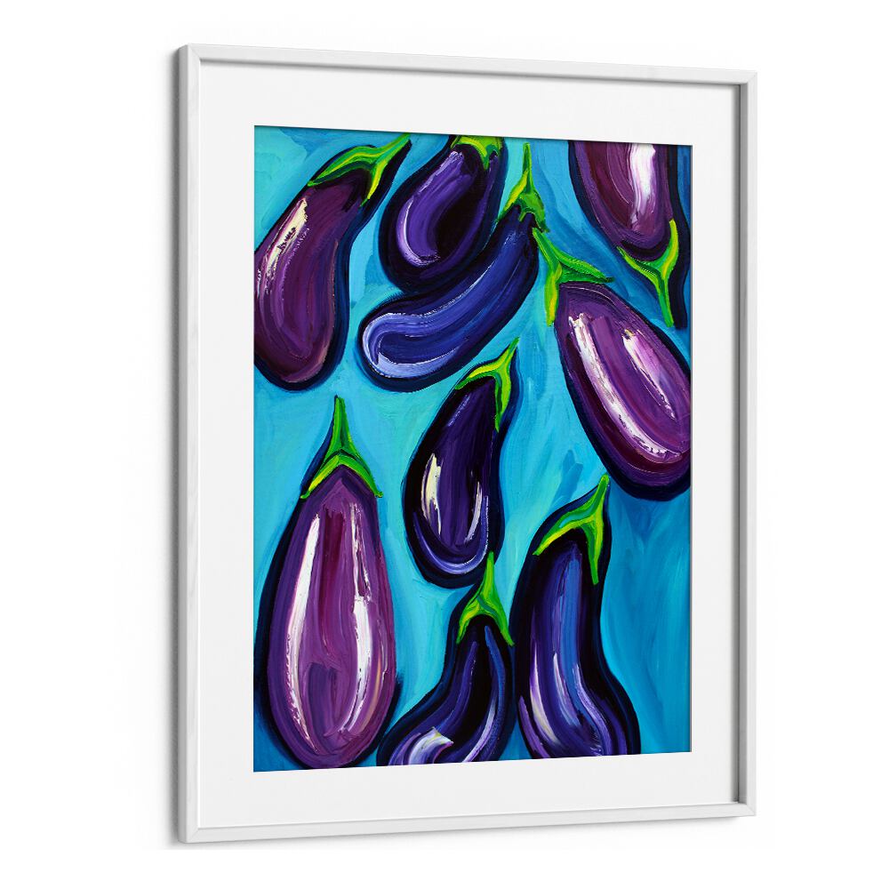 Aubergines Rain by Alice Straker Kitchen Posters Kitchen Art Prints in White Frame With Mount