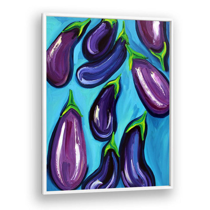 Aubergines Rain by Alice Straker Kitchen Posters Kitchen Art Prints in White Plain Frame