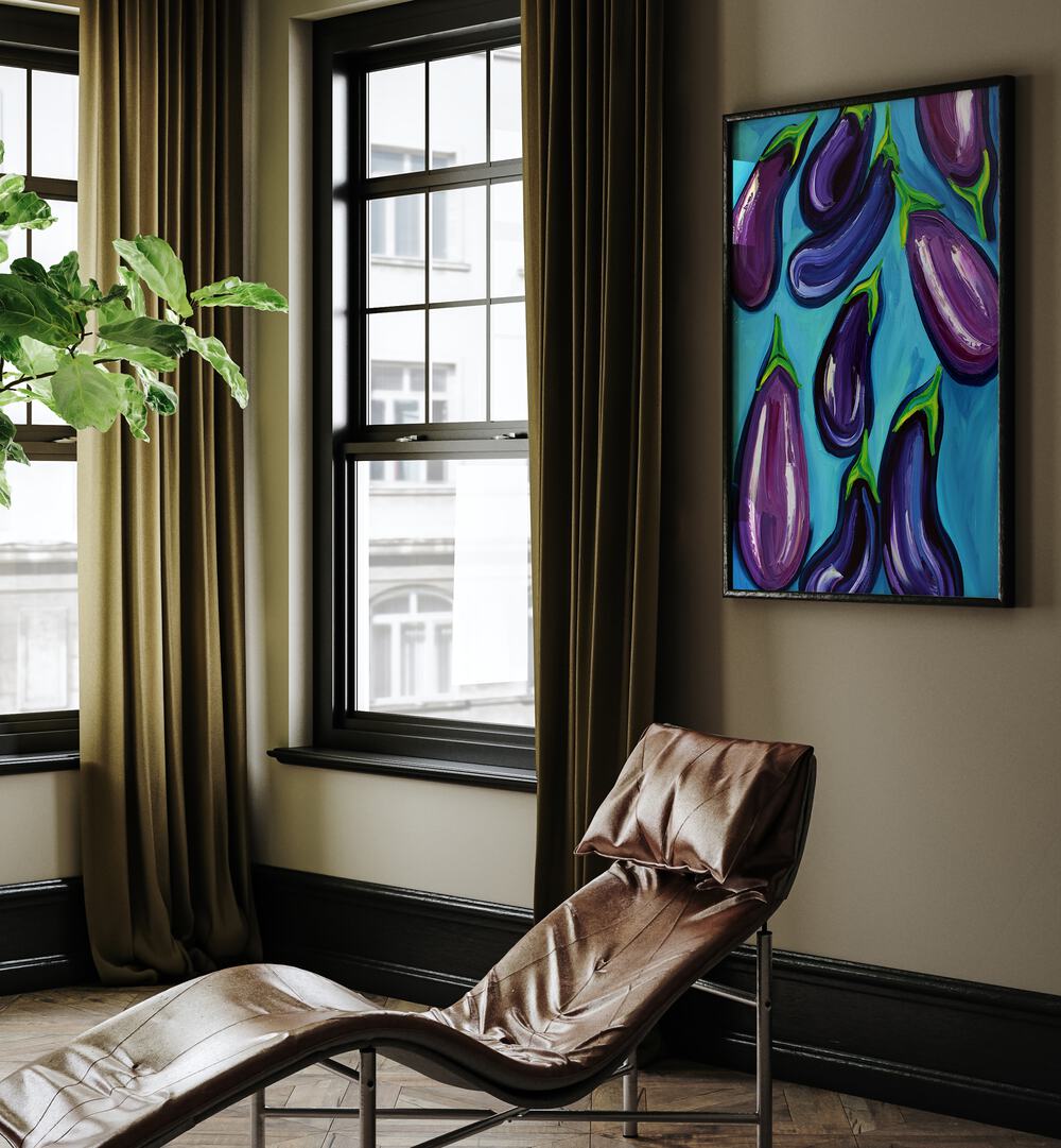 Aubergines Rain by Alice Straker Kitchen Posters Kitchen Art Prints in Black Plain Frame placed on a living room wall behind a chair and beside a window