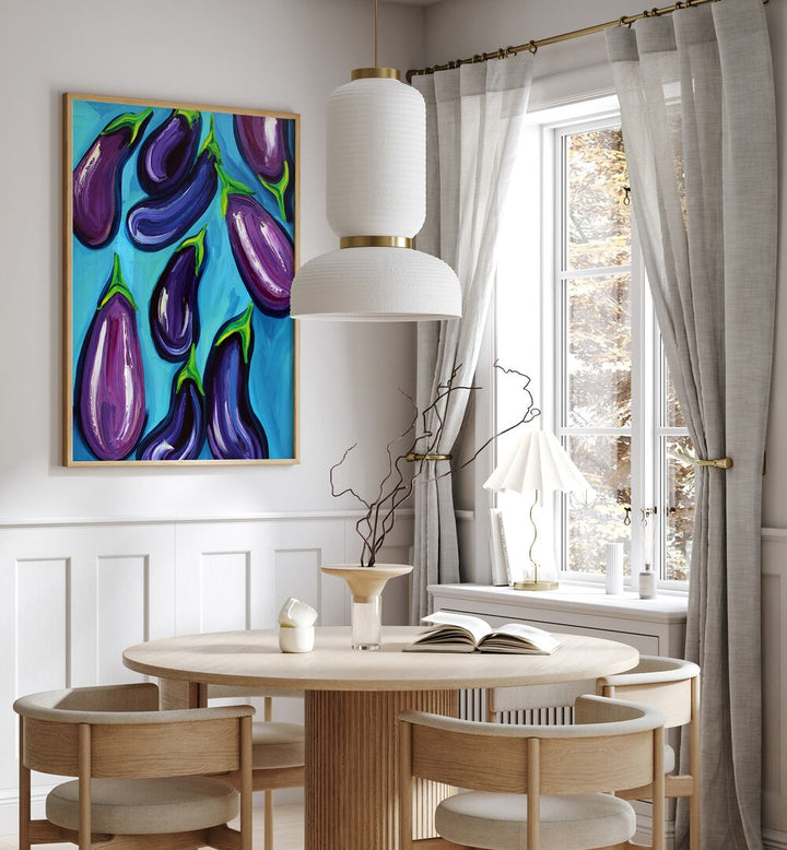 Aubergines Rain by Alice Straker Kitchen Posters Kitchen Art Prints in Oak Wood Plain Frame placed on a wall in a dining room area beside a window and behind a dining table