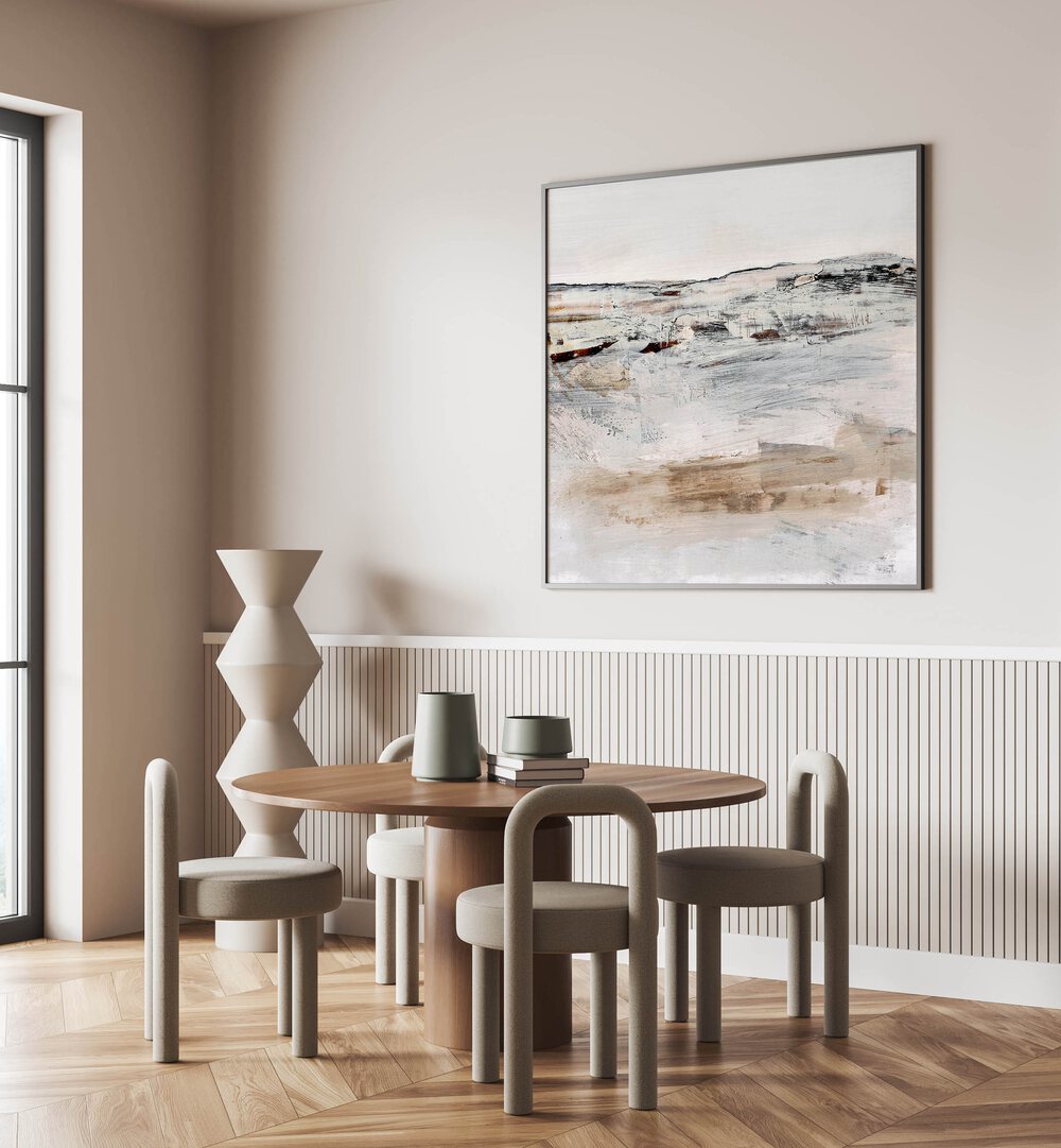 August III By Dan Hobday Abstract Art Abstract Paintings in Black Plain Frame placed on a Cream Colored Wall near a Dining Table in the Dining Room 