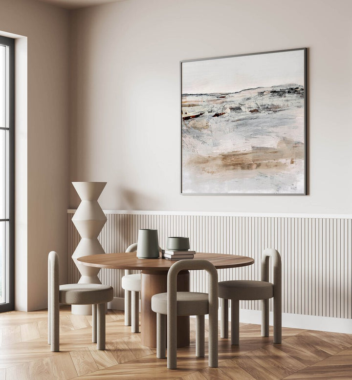 August III By Dan Hobday Abstract Art Abstract Paintings in Black Plain Frame placed on a Cream Colored Wall near a Dining Table in the Dining Room 