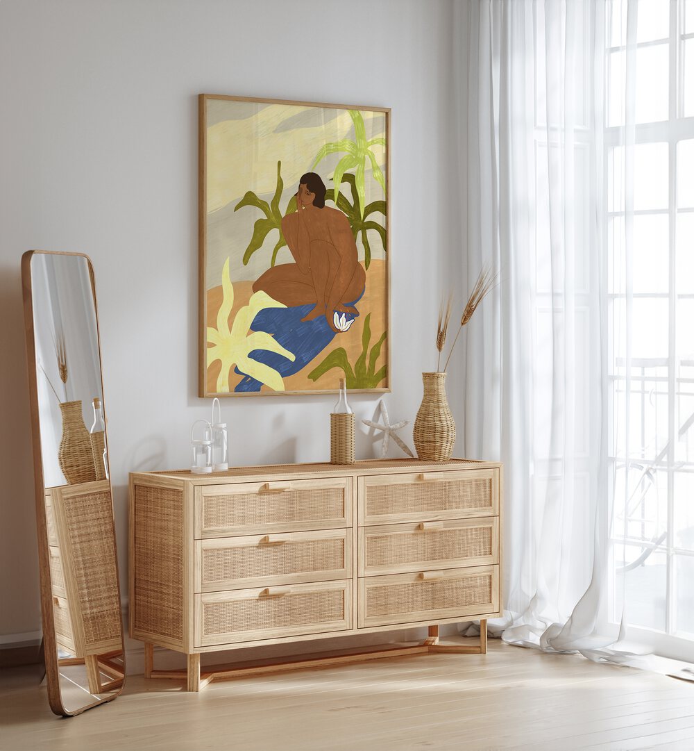 Aunaturel By Arty Guava Wall Art Prints in Oak Wood Plain Frame placed on a White Colored Wall above a Console Table in the Drawing Room 