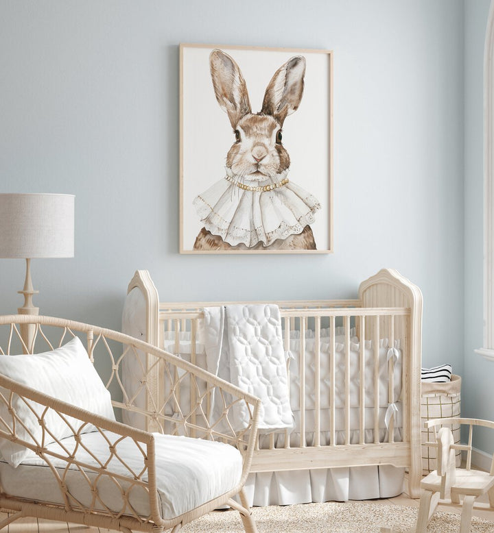 Aunt Emily Kids Room Paintings Kids Room Wall Art in Oak Wood Plain Frame placed on a wall behind an infant's bed for kids room