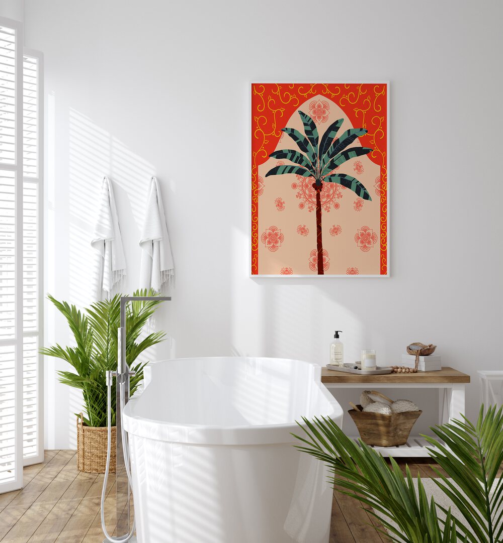 Auspicious By Uma Gokhale Art Prints in White Plain Frame on a white wall behind a bath tub for bathroom