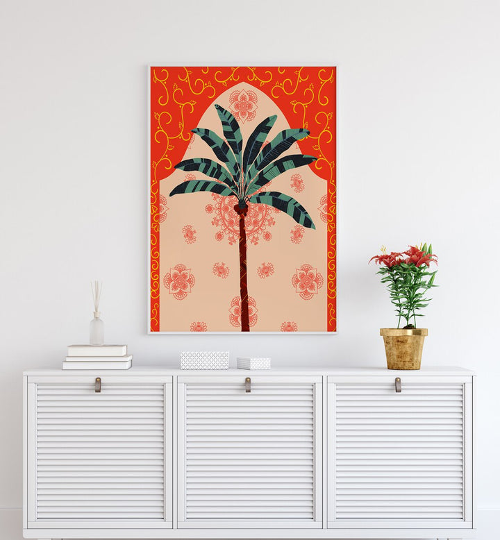 Auspicious By Uma Gokhale Art Prints in White Plain Frame on  a white wall above a console table 