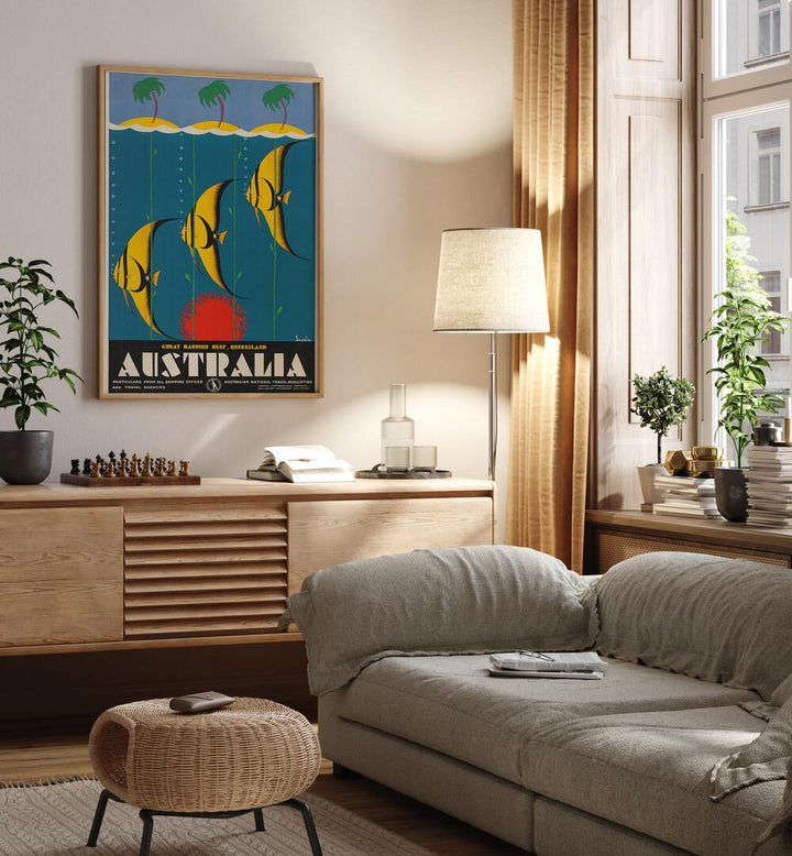 Australia Retro Vintage Travel Vintage Travel Posters in Oak Wood Plain Frame on a wall above a console table beside a lamp