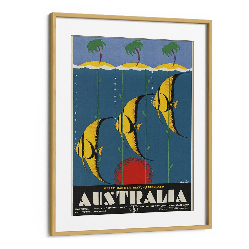 Australia Retro Vintage Travel Vintage Travel Posters in Oak Wood Frame With Mount