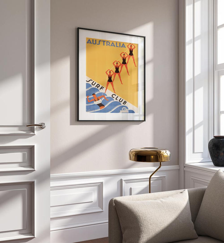 Australia Surf Club  Retro Travel Posters in Black Frame With Mount placed on a wall beside an window and a sofa