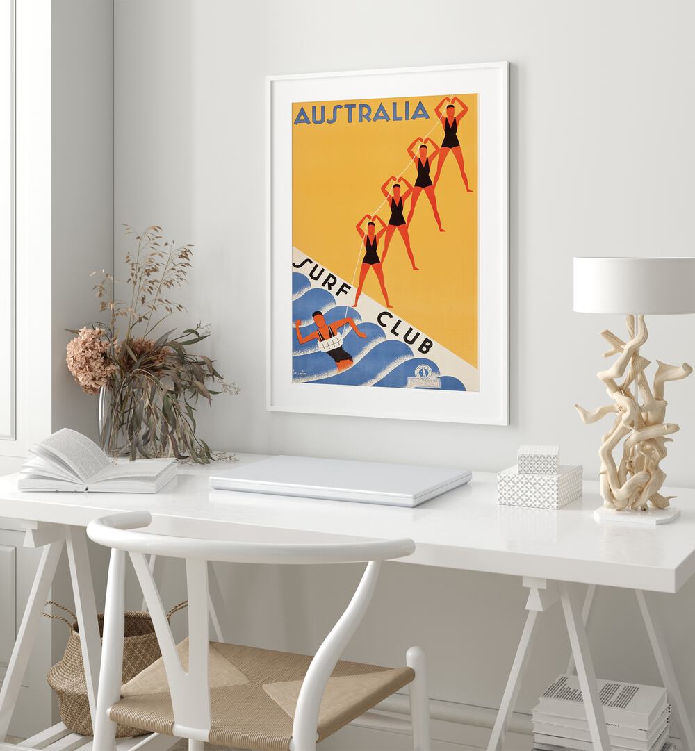 Australia Surf Club  Retro Travel Posters in White Frame With Mount placed on a wall behind a study table 