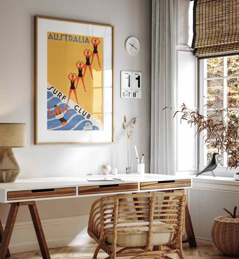 Australia Surf Club  Retro Travel Posters in Oak Wood Frame With Mount placed on a wall behind a study table