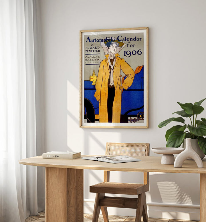 Automobile Calendar For 1906 Ca. 1905 Vintage Paintings in Oak Wood Plain Frame placed on the wall behind a study table