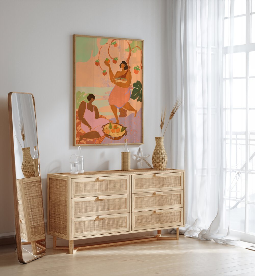 Autumn By Arty Guava Wall Art Prints in Oak Wood Plain Frame placed on a White Colored Wall above a Console Table in the Drawing Room 