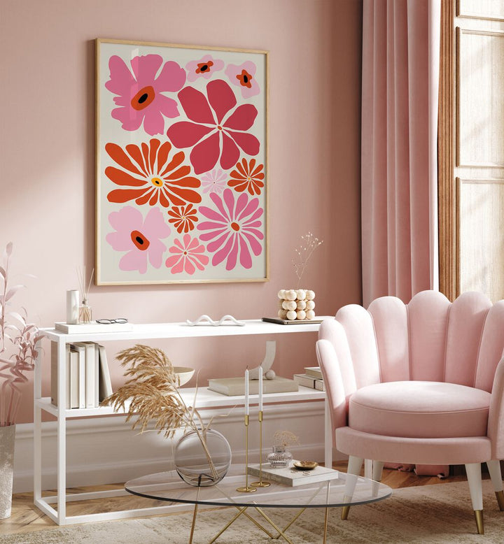 Autumn Garden II By Miho Art Studio Botanical Art Prints Floral Paintings in Oak Wood Plain Frame placed on a Pink Colored Wall above a Console Table in the Drawing Room