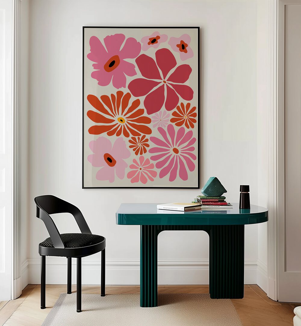 Autumn Garden II By Miho Art Studio Botanical Art Prints Floral Paintings in Black Plain Frame placed on a Cream Colored Wall near a Table in a Workspace in the Drawing Room