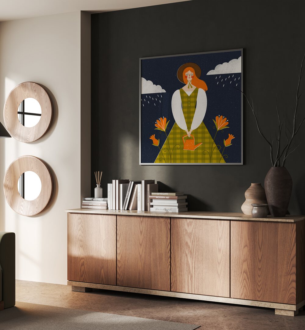 Autumn Girl By Julia Leister Women Illustration Paintings in Black Plain Frame on a wall placed above a console table