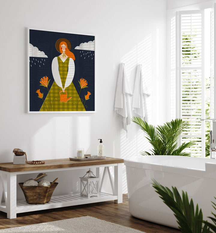 Autumn Girl By Julia Leister Women Illustration Paintings in White Plain Frame on a white wall placed in a bathroom