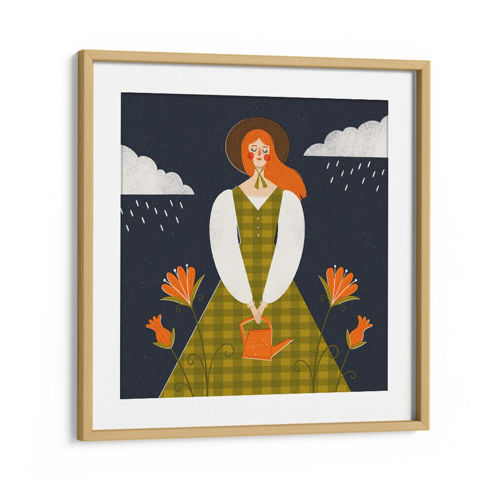 Autumn Girl By Julia Leister Women Illustration Paintings in Oak Wood Frame With Mount