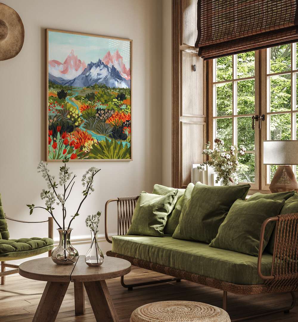 Autumn Mountains By Sarah Gesek Landscape Art Prints in Oak Wood Plain Frame placed on a living room wall beside a window and a sofa