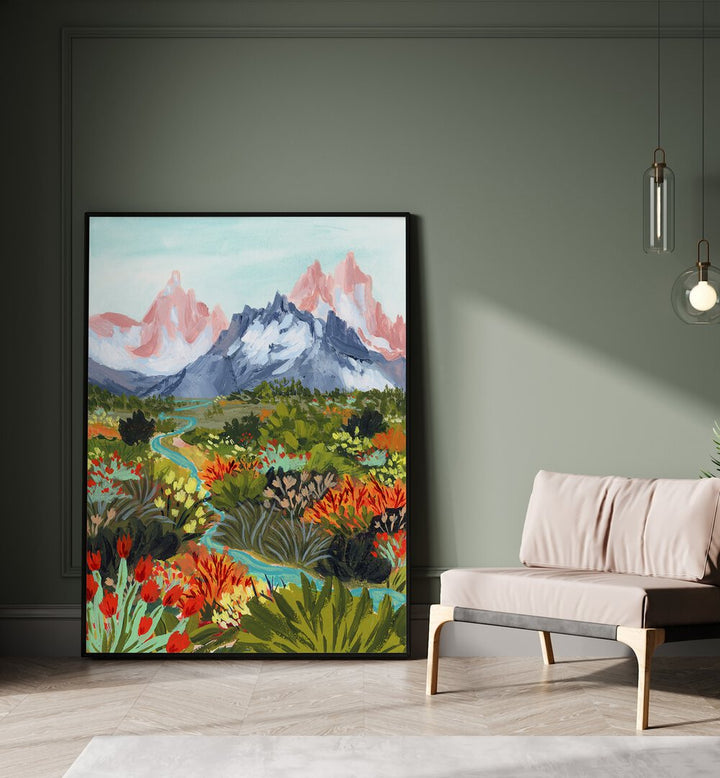 Autumn Mountains By Sarah Gesek Landscape Art Prints in Black Plain Frame placed on the floor beside a sofa