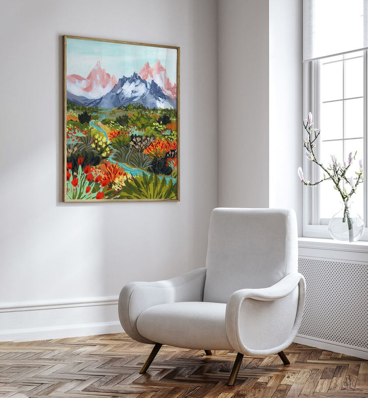 Autumn Mountains By Sarah Gesek Landscape Art Prints in Oak Wood Plain Frame placed on a white wall beside a chair and a window