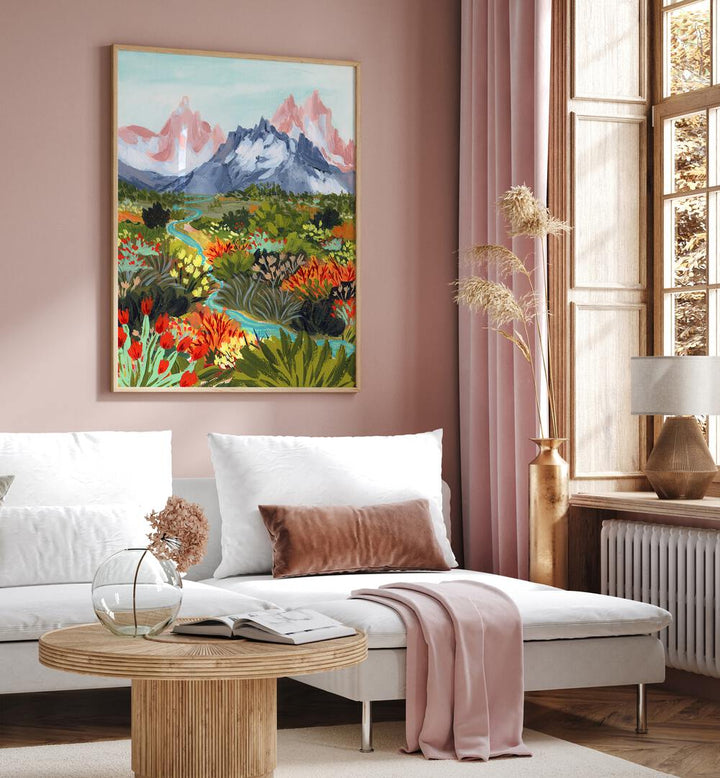 Autumn Mountains By Sarah Gesek Landscape Art Prints in Oak Wood Plain Frame placed on a living room wall beside a window and behind a sofa