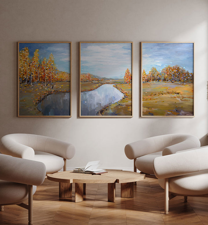 AUTUMN RIVERLANDS SET , SET OF 3 PAINTINGS